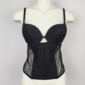 La Senza Black Lace Satin Corset Bustier Padded Underwire Cups Stretch Sz Large